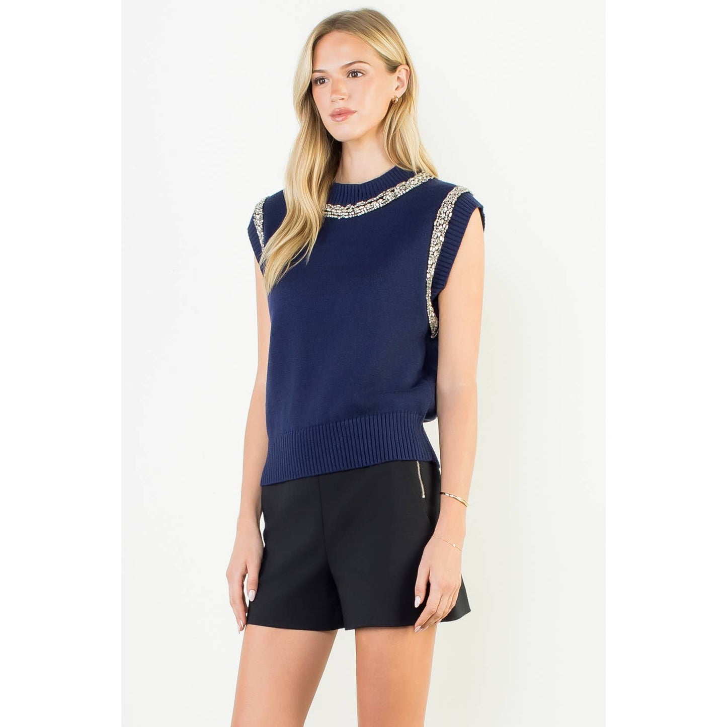 Embellished Mock Neck Knit Top: BLACK