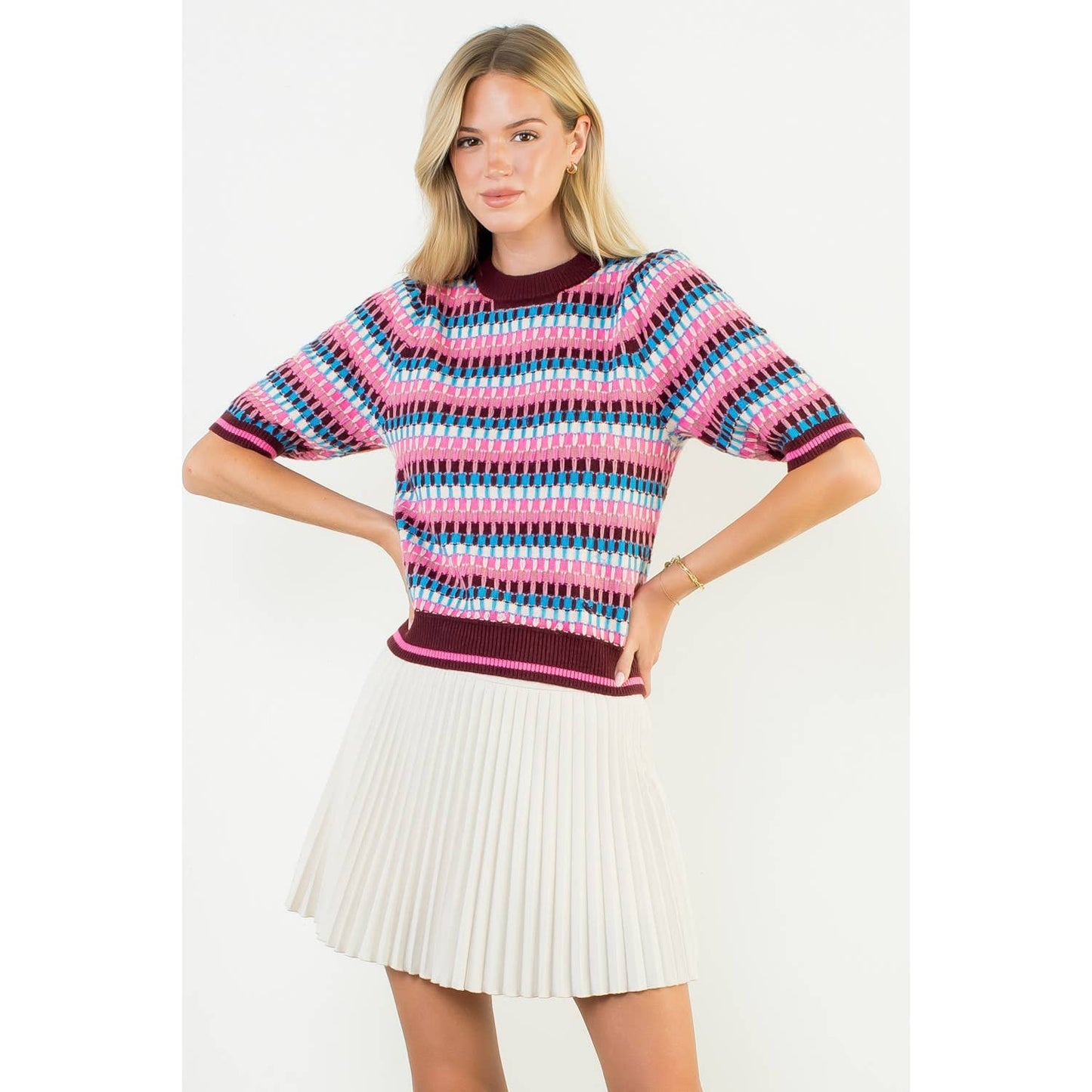 Short Sleeve Multi Color Knit Top