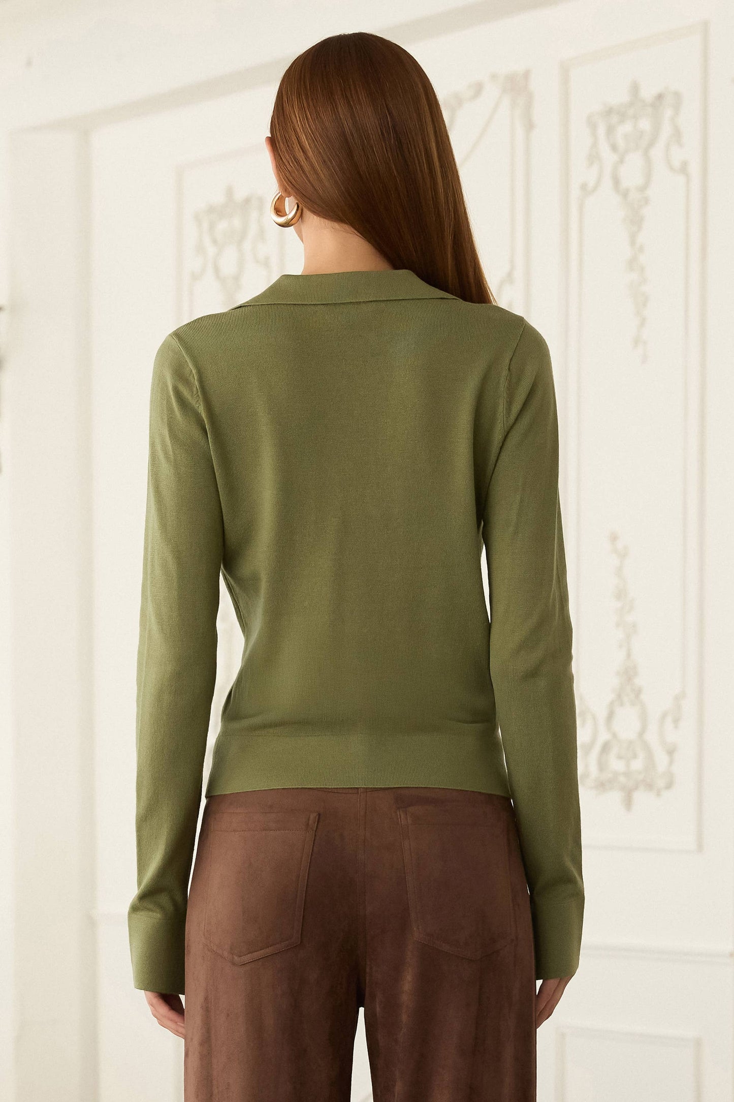 Long Sleeve Polo Knit Top: OLIVE