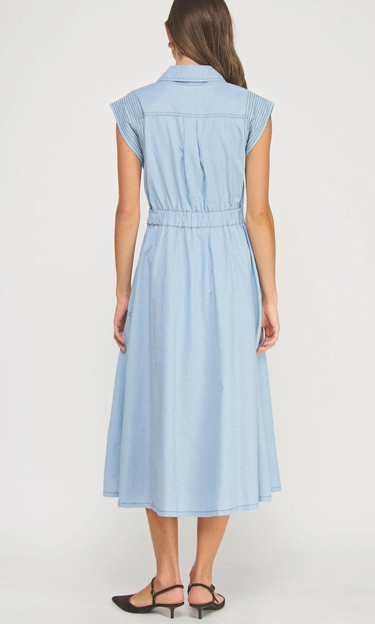 Top-Stitch Sleeveless Linen Midi Dress