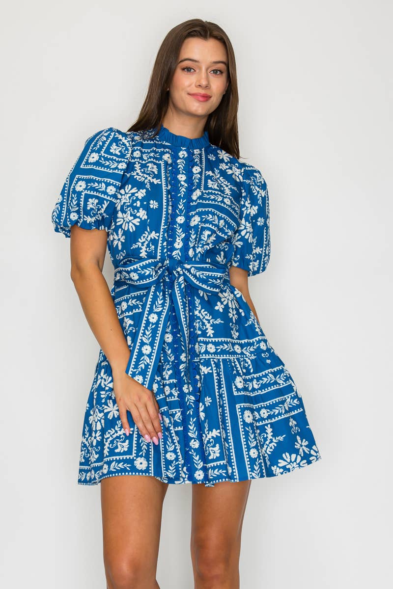 Denim Blue Bandana Print Cotton Mini Dress
