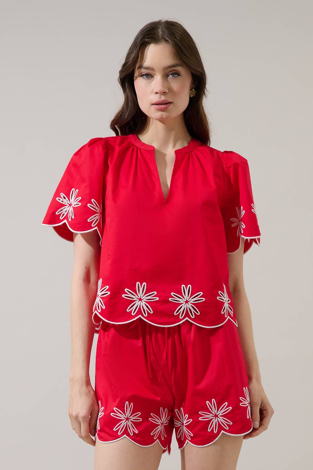 Dayna Embroidered Scallop Split Neck Top
