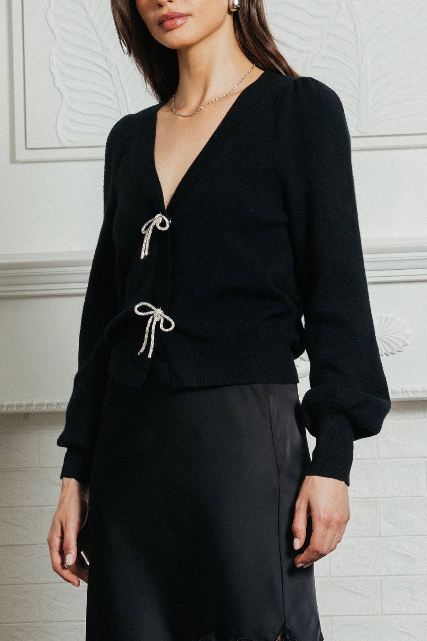 Bow Detail Puff Sleeve Cardigan