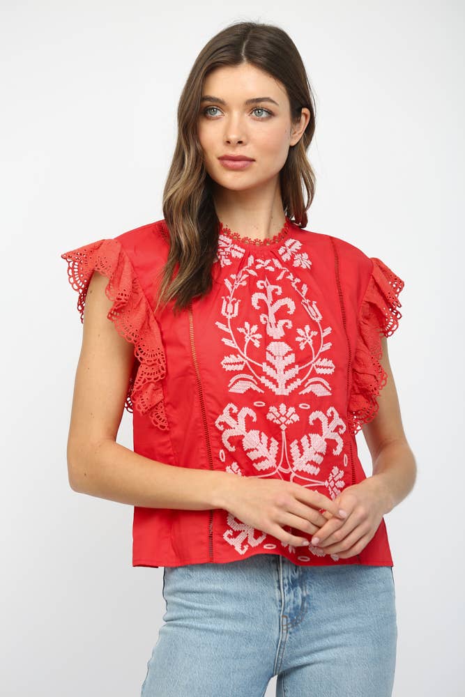 Red Embroidered Flutter Sleeve Top