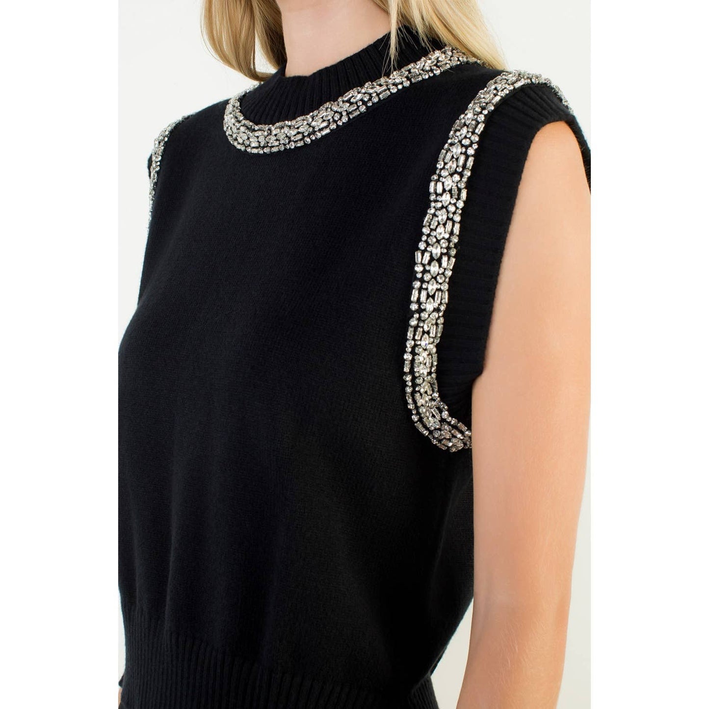 Embellished Mock Neck Knit Top: BLACK