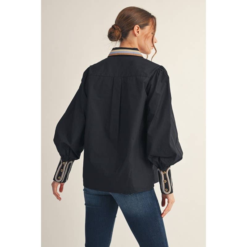 Embroidery Accent Shirt: BLACK