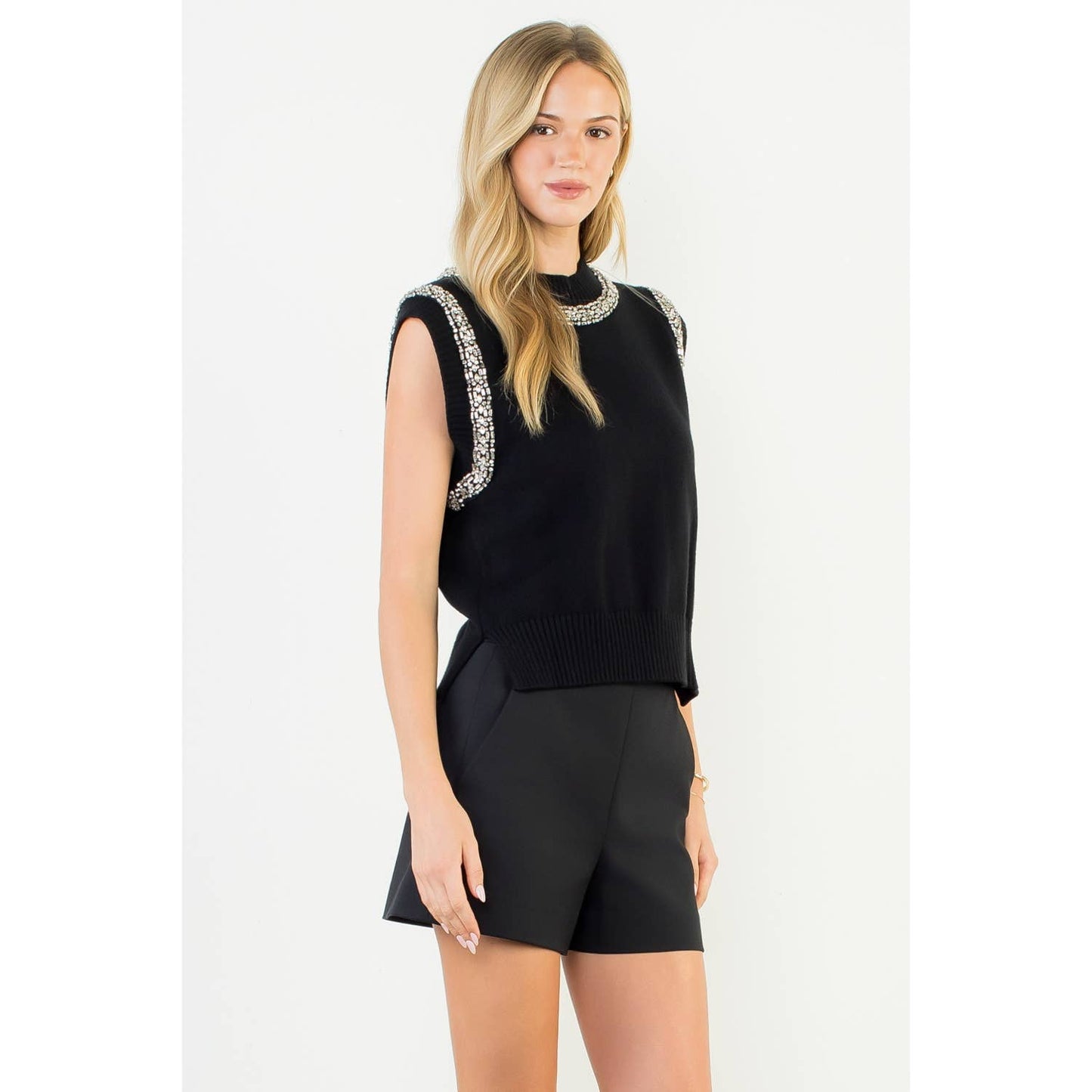 Embellished Mock Neck Knit Top: BLACK