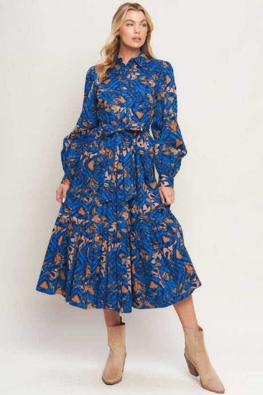 A printed woven shirt dress
