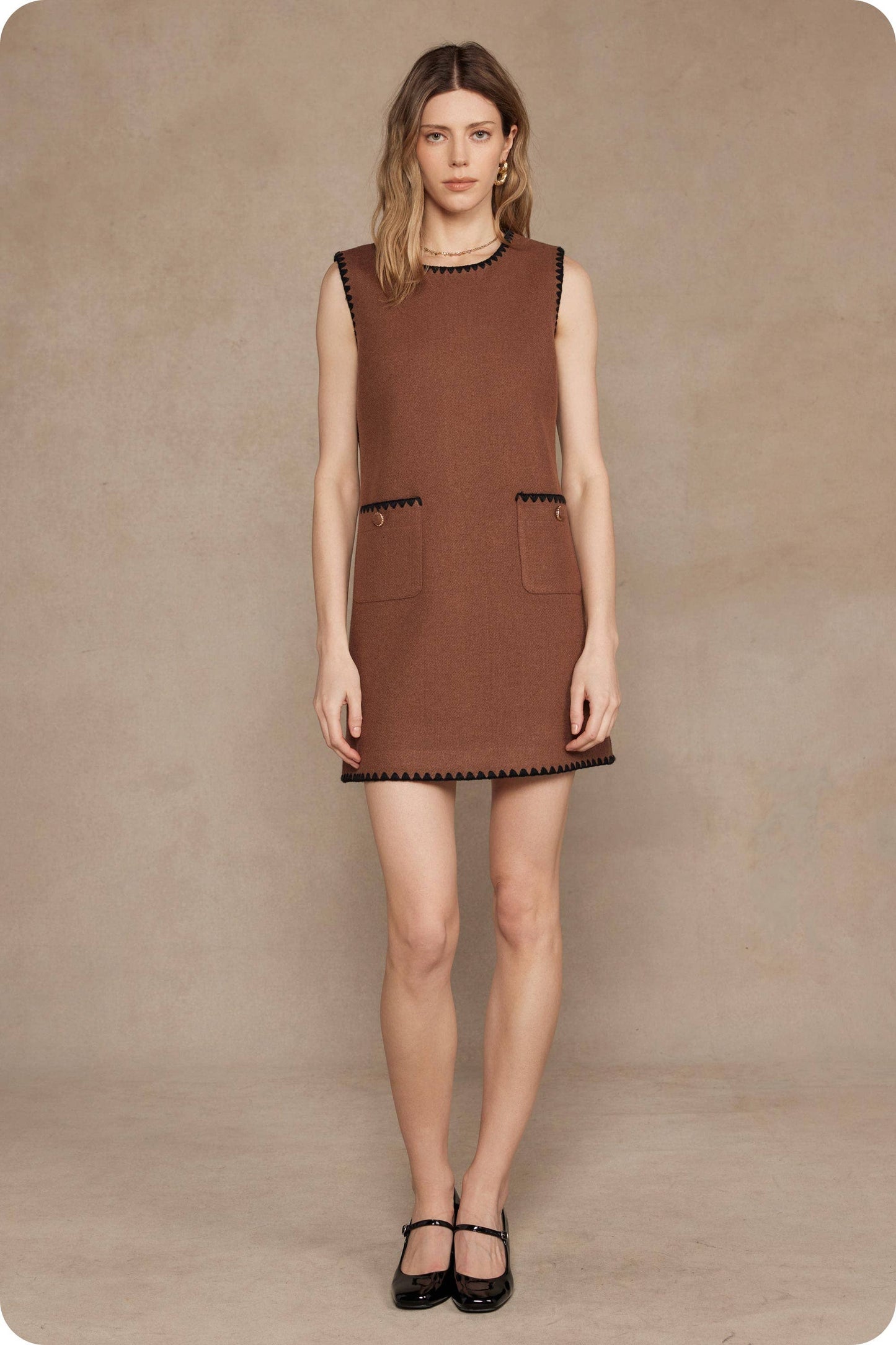 Sleeveless Contrast Embroidery Boucle Mini Dress