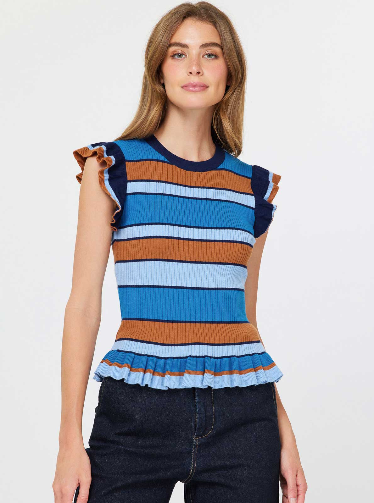 Multi Stripe Ruffle Hem Sweater Top