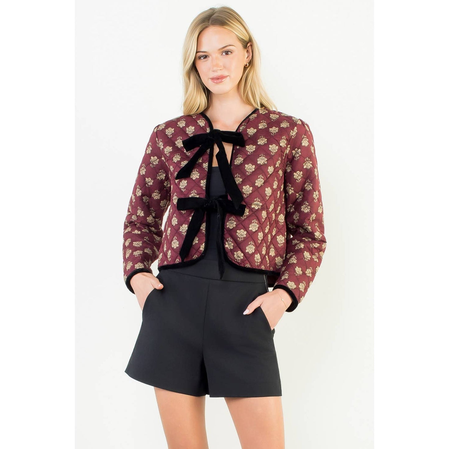 Velvet Bow Floral Quilted Jacket: MAROON