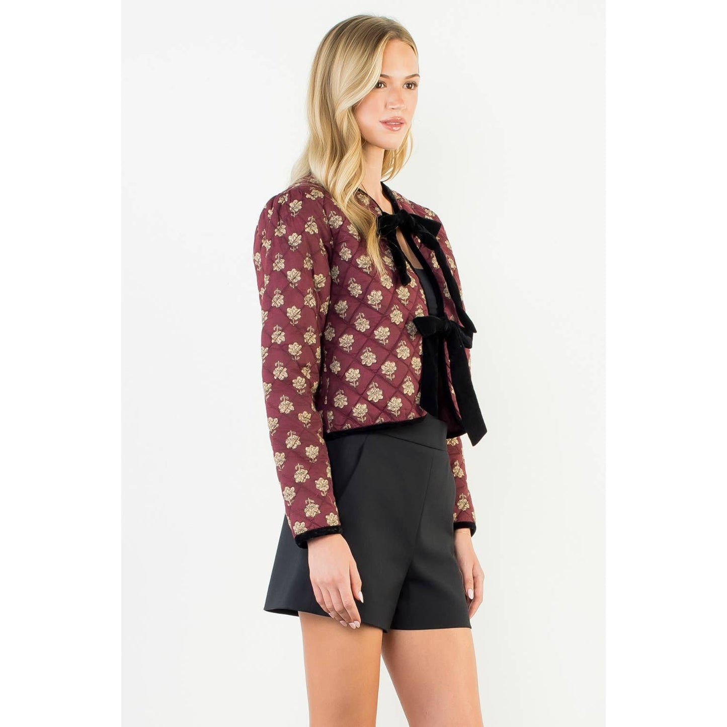 Velvet Bow Floral Quilted Jacket: MAROON