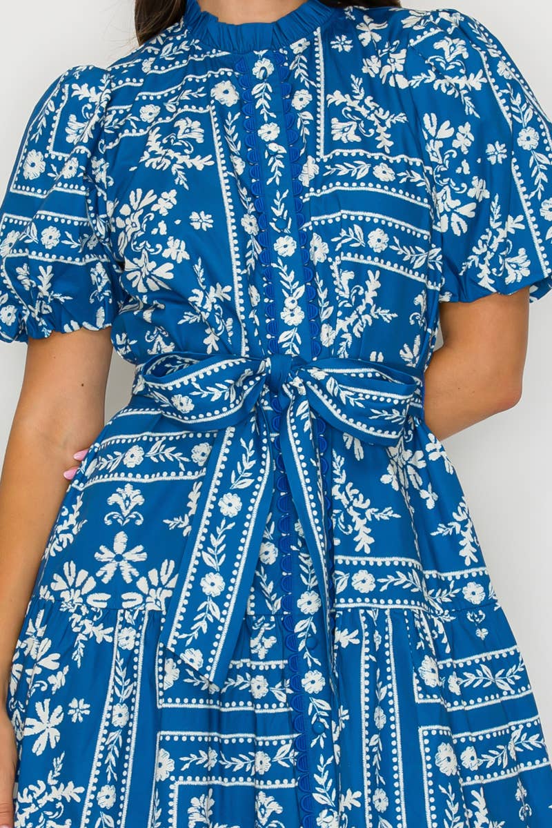 Denim Blue Bandana Print Cotton Mini Dress