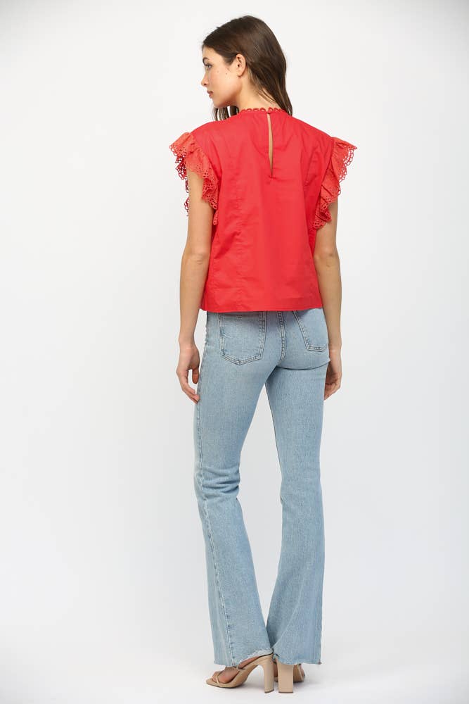 Red Embroidered Flutter Sleeve Top