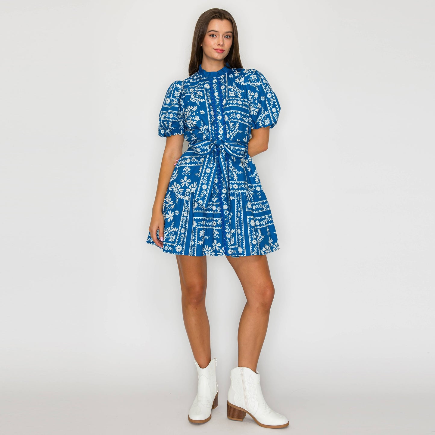 Denim Blue Bandana Print Cotton Mini Dress