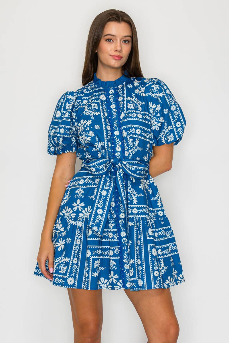 Denim Blue Bandana Print Cotton Mini Dress