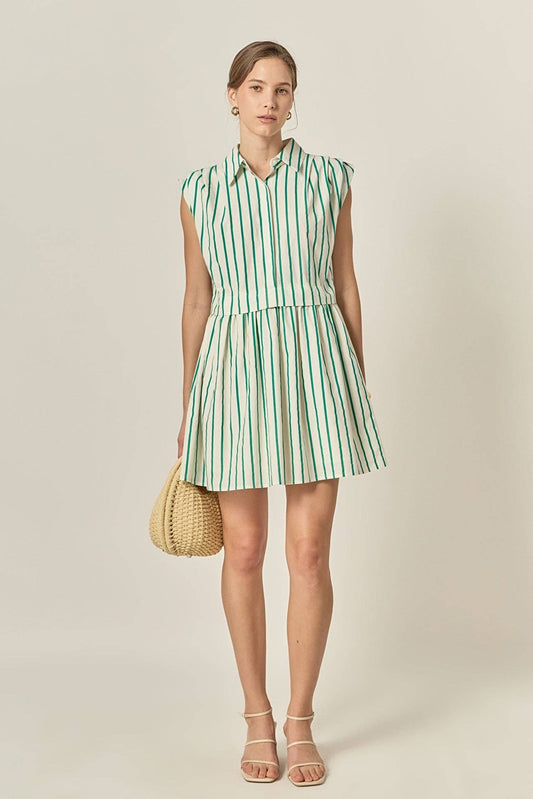 Striped Pleated Shoulder Shirt Mini Dress