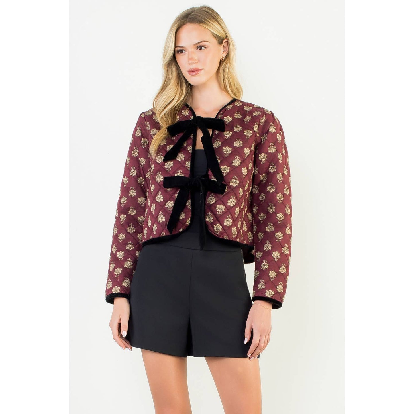 Velvet Bow Floral Quilted Jacket: MAROON
