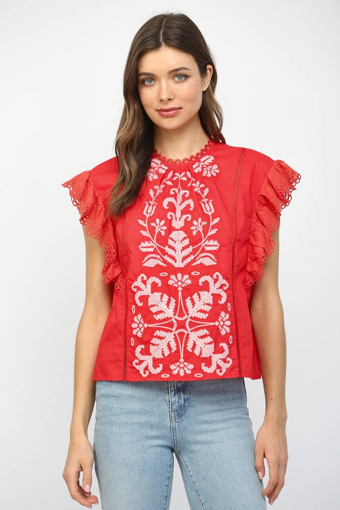 Red Embroidered Flutter Sleeve Top