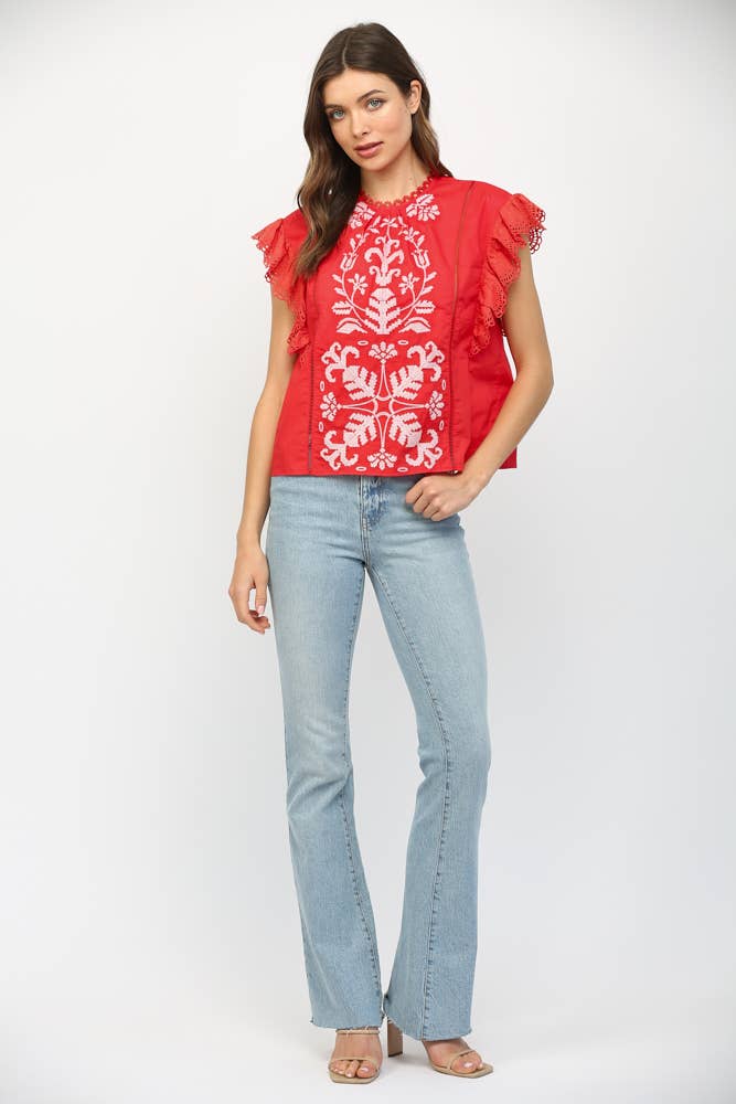 Red Embroidered Flutter Sleeve Top
