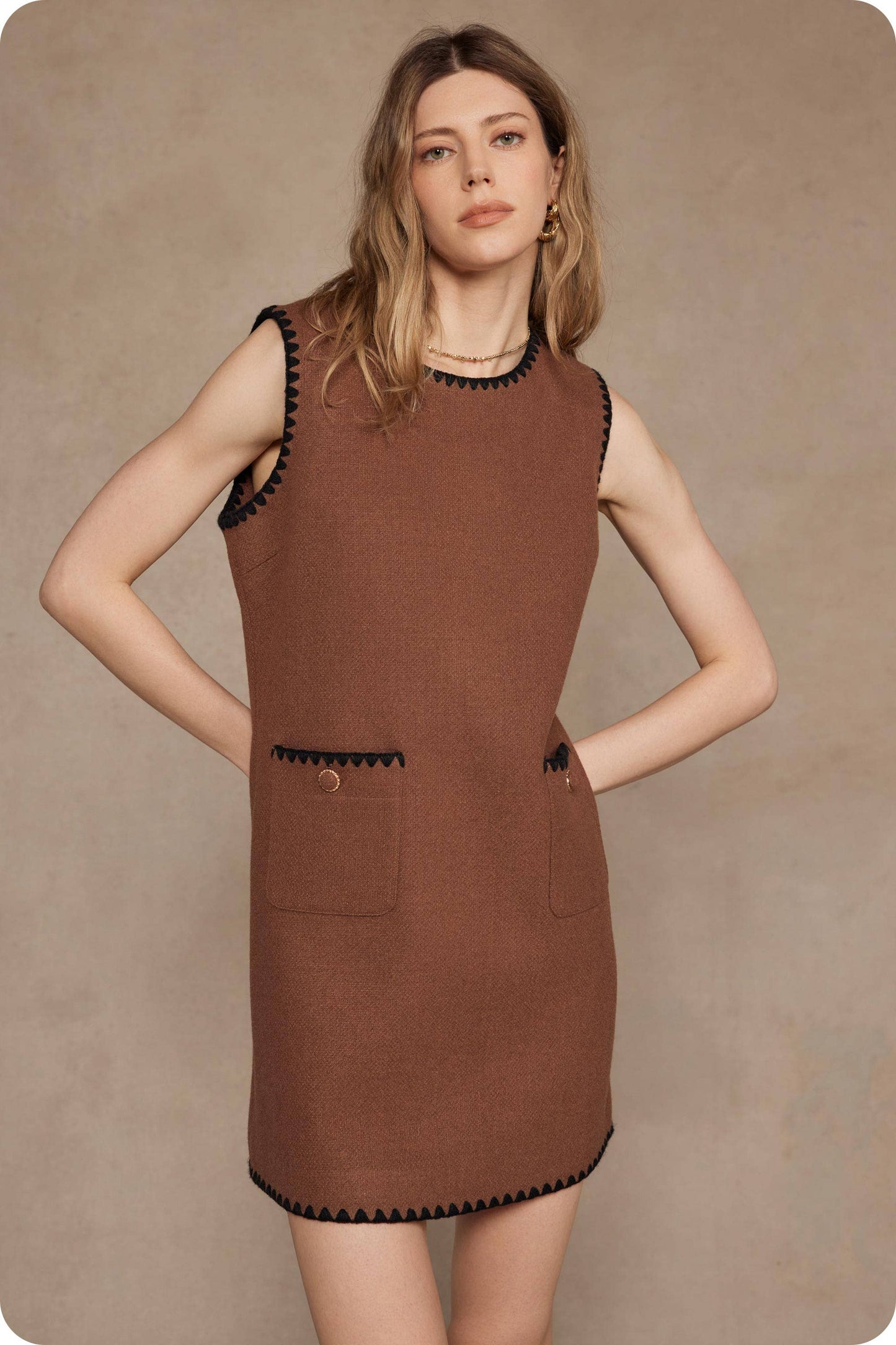 Sleeveless Contrast Embroidery Boucle Mini Dress