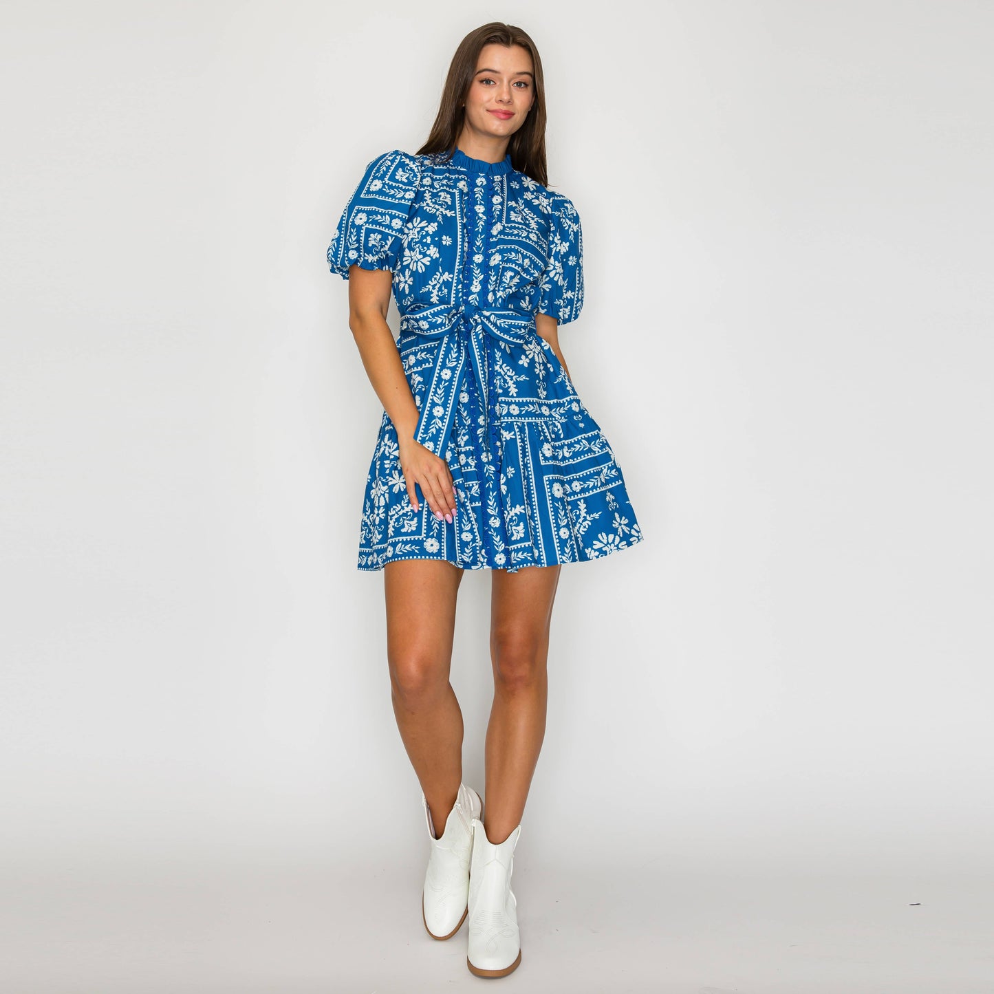 Denim Blue Bandana Print Cotton Mini Dress