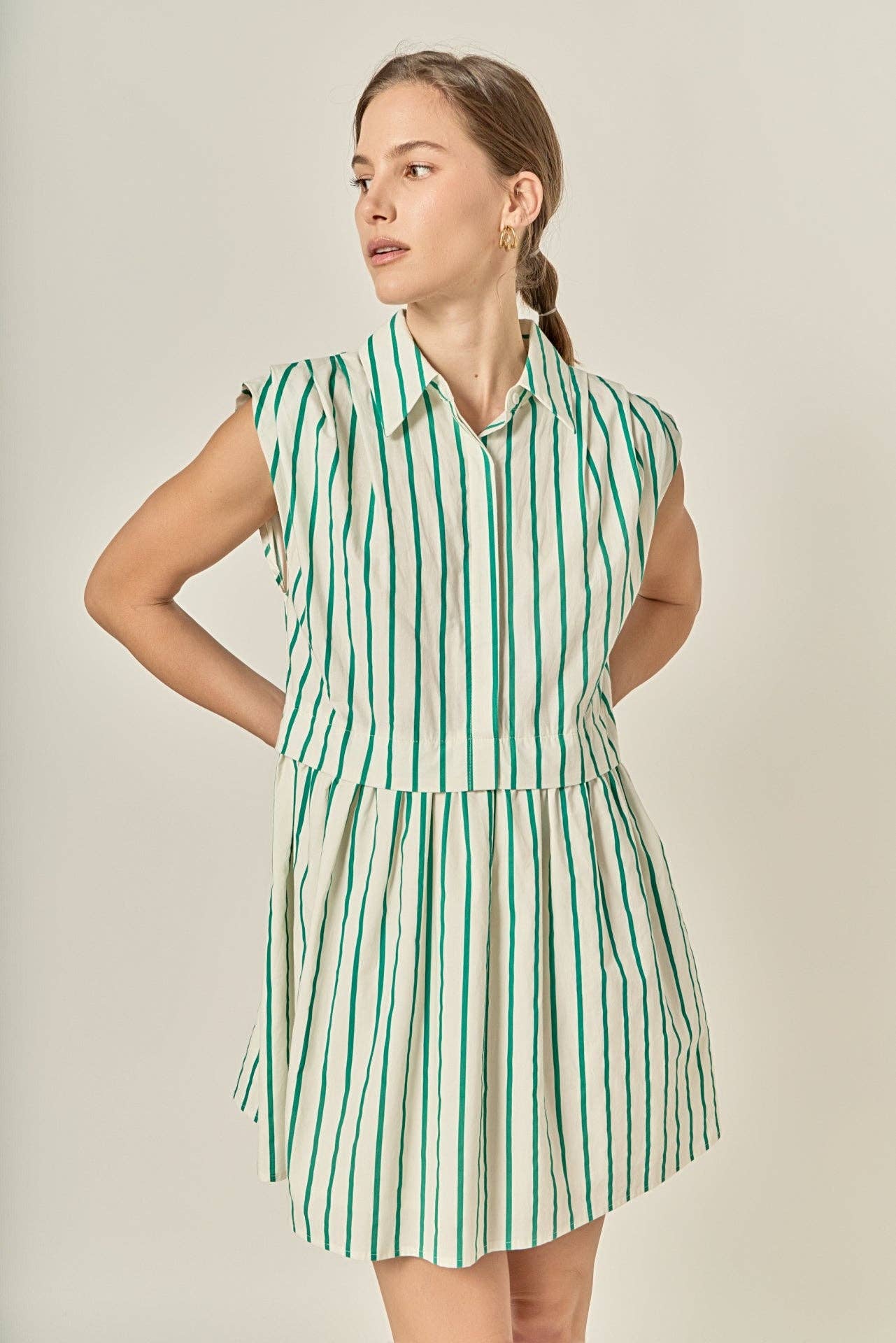 Striped Pleated Shoulder Shirt Mini Dress