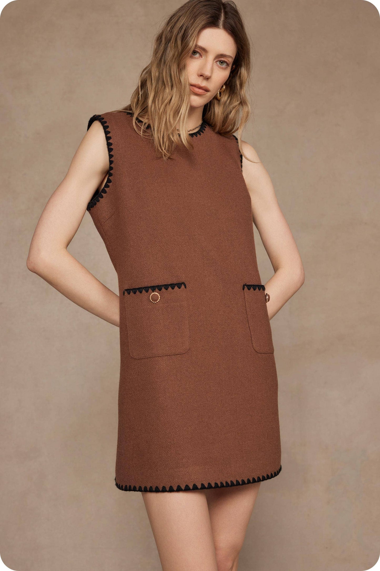 Sleeveless Contrast Embroidery Boucle Mini Dress