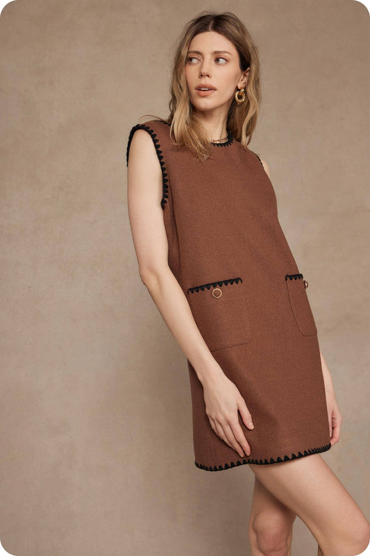 Sleeveless Contrast Embroidery Boucle Mini Dress