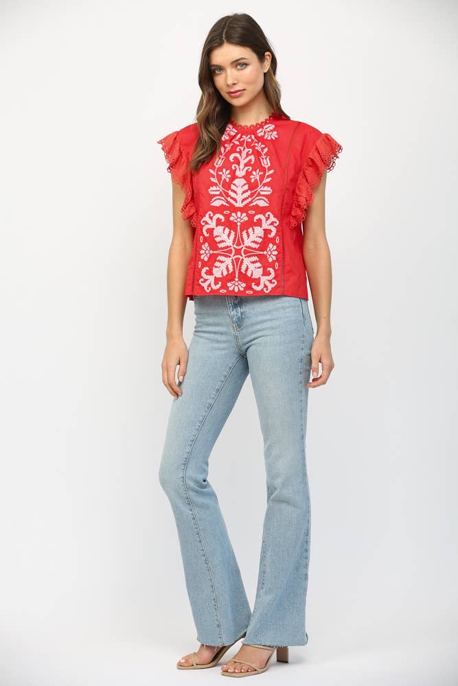 Red Embroidered Flutter Sleeve Top