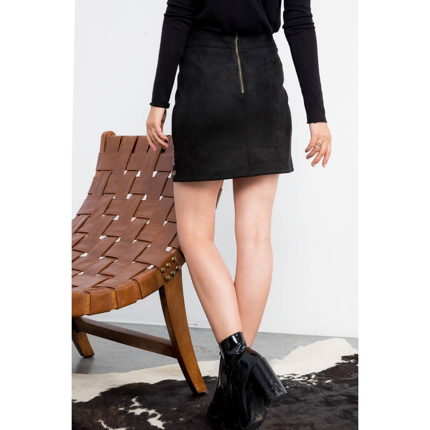 Black Suede Knit Skirt with Colorful Embroidered Detail: BLACK