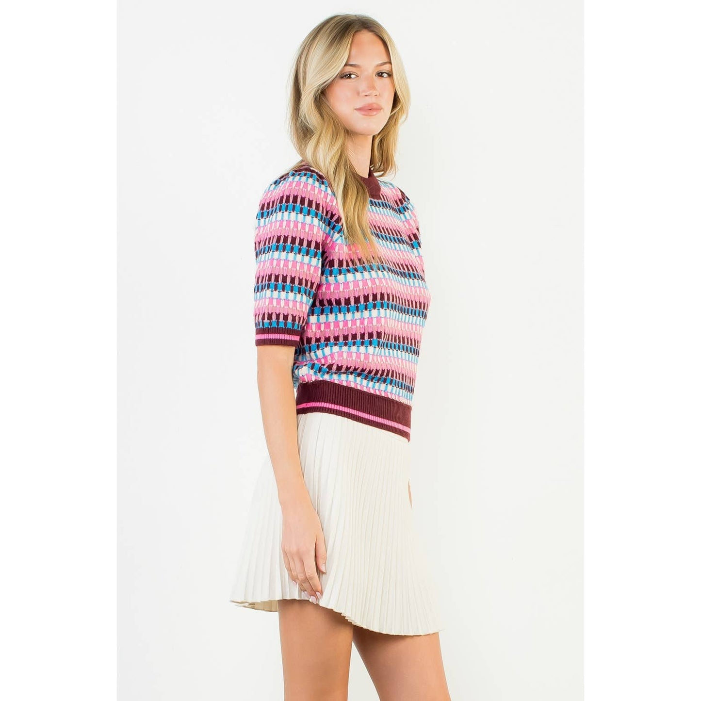 Short Sleeve Multi Color Knit Top