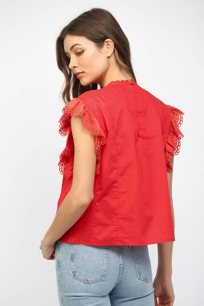 Red Embroidered Flutter Sleeve Top