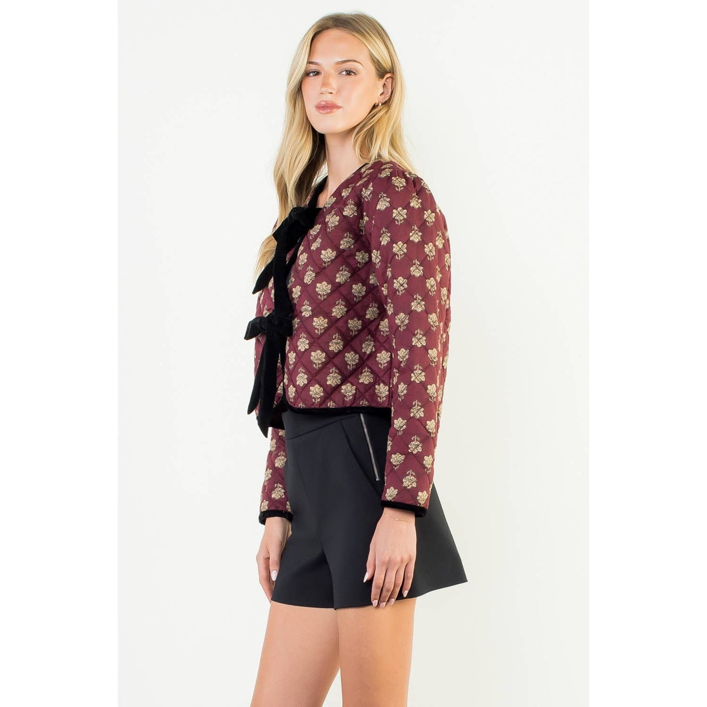 Velvet Bow Floral Quilted Jacket: MAROON