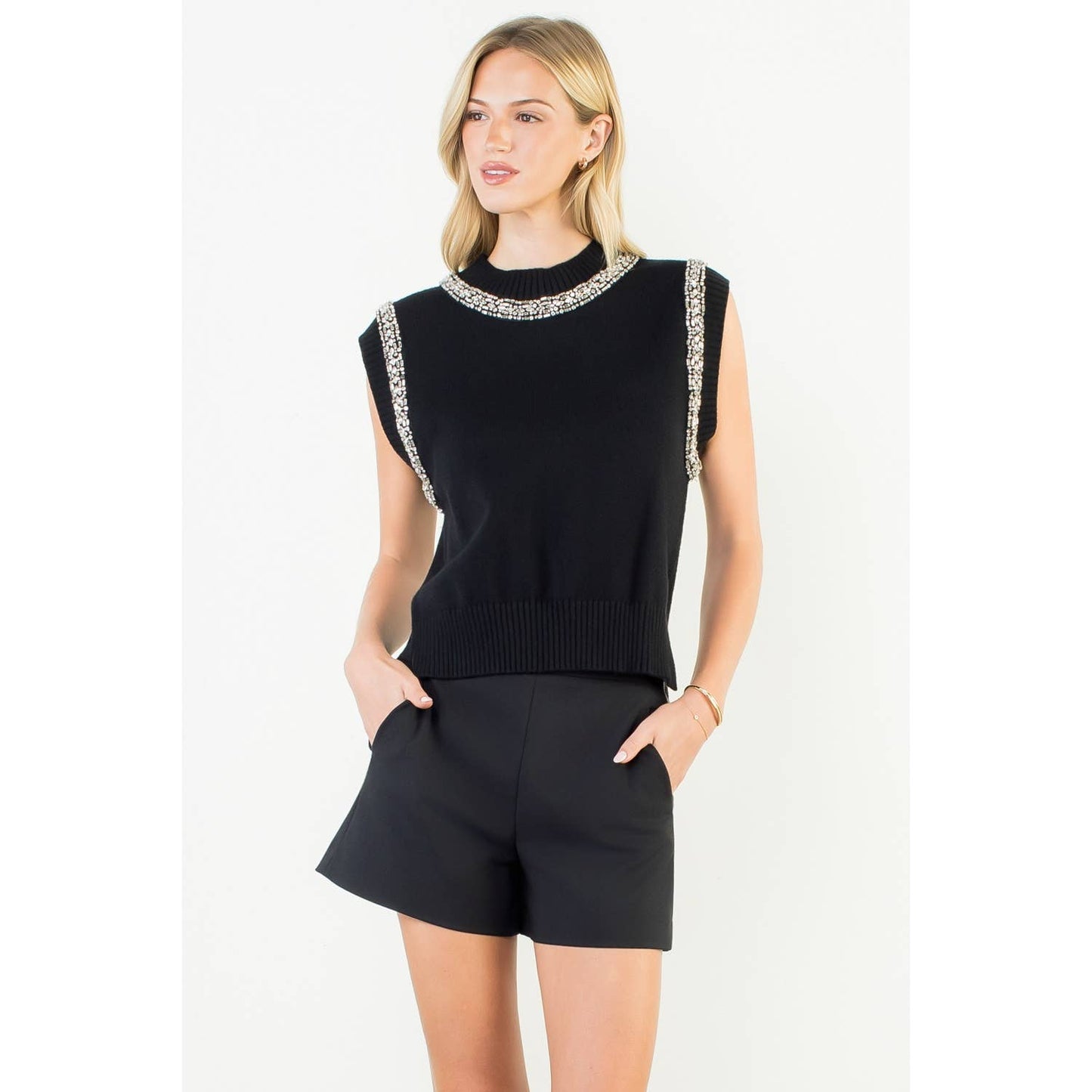 Embellished Mock Neck Knit Top: BLACK