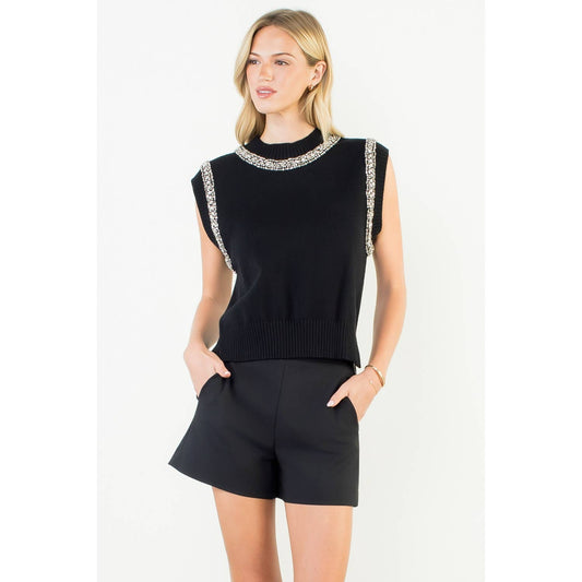 Embellished Mock Neck Knit Top: BLACK