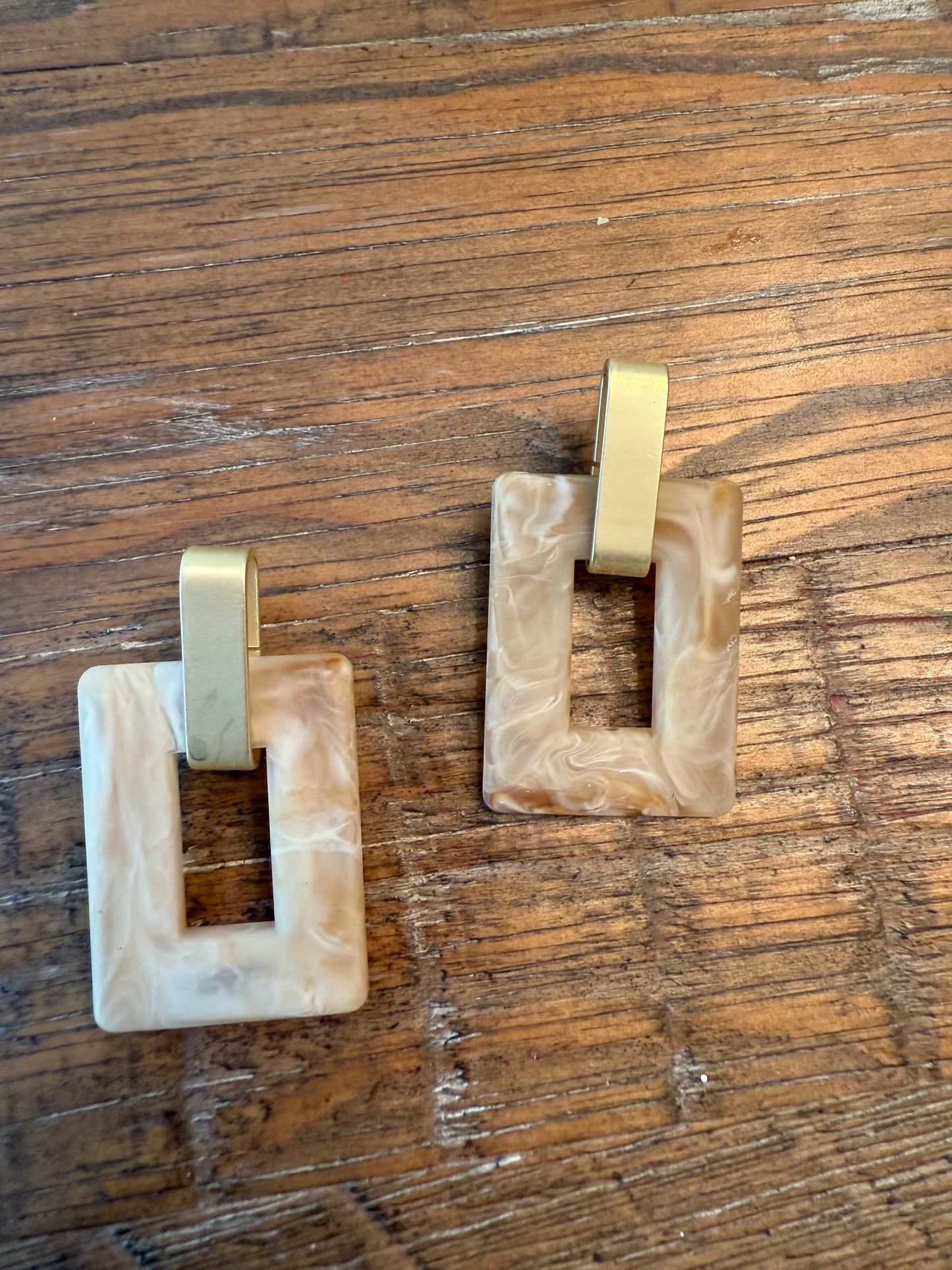 Gold and Wooden Rectangle Earrings