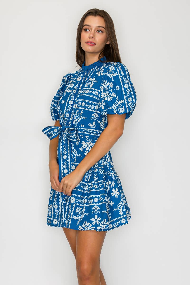 Denim Blue Bandana Print Cotton Mini Dress
