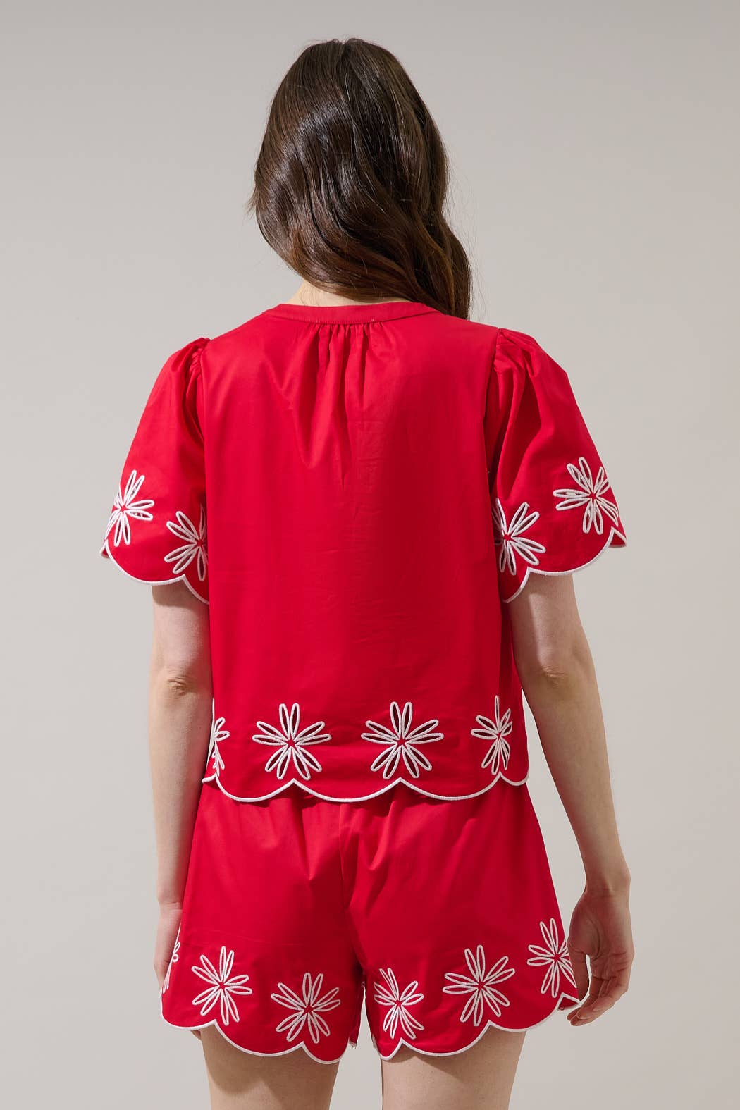 Dayna Embroidered Scallop Split Neck Top