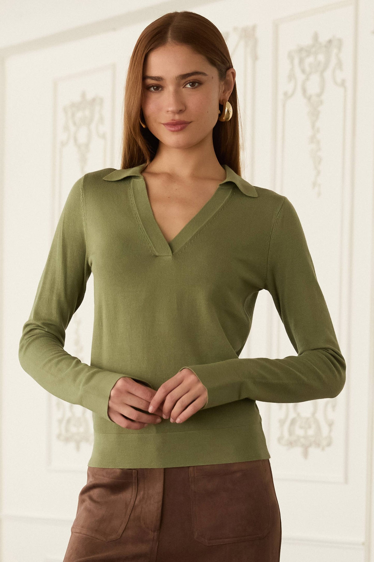 Long Sleeve Polo Knit Top: OLIVE
