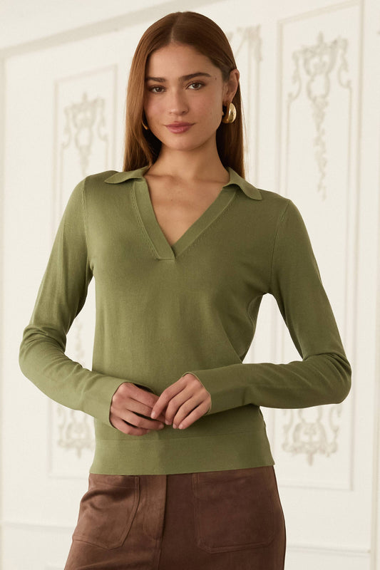 Long Sleeve Polo Knit Top: OLIVE