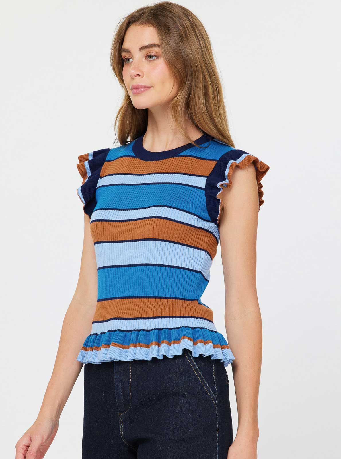 Multi Stripe Ruffle Hem Sweater Top