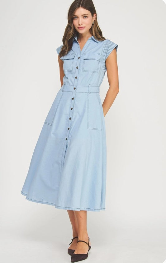 Top-Stitch Sleeveless Linen Midi Dress