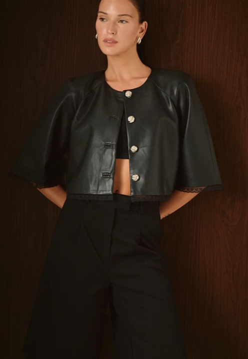 Faux Leather and Lace Cropped Jacket