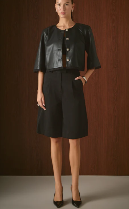 Faux Leather and Lace Cropped Jacket