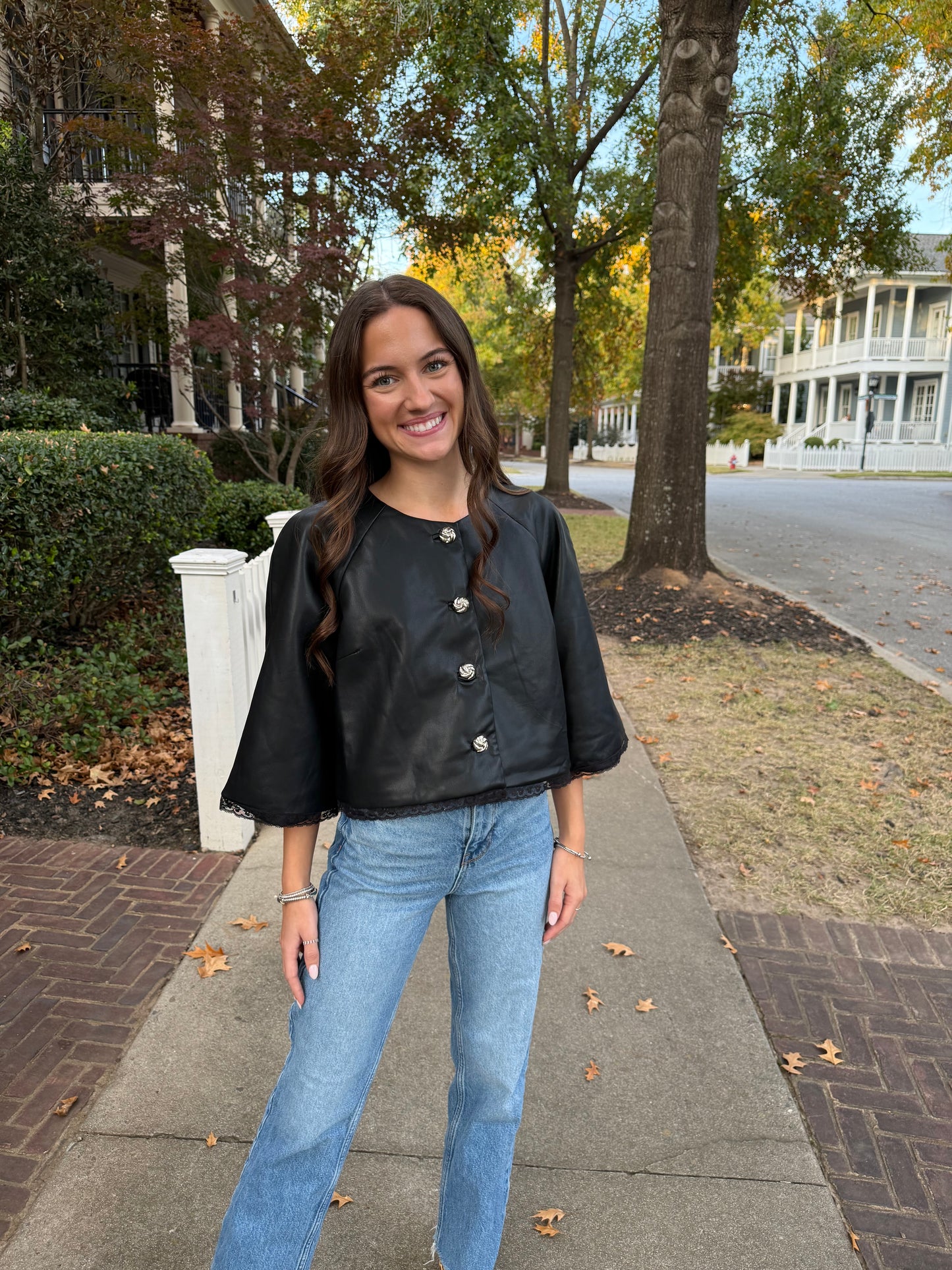 Faux Leather and Lace Cropped Jacket