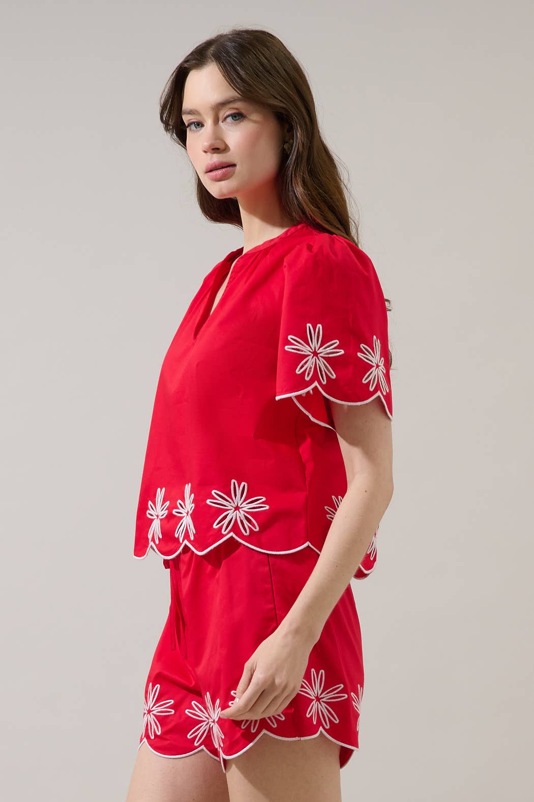 Dayna Embroidered Scallop Split Neck Top