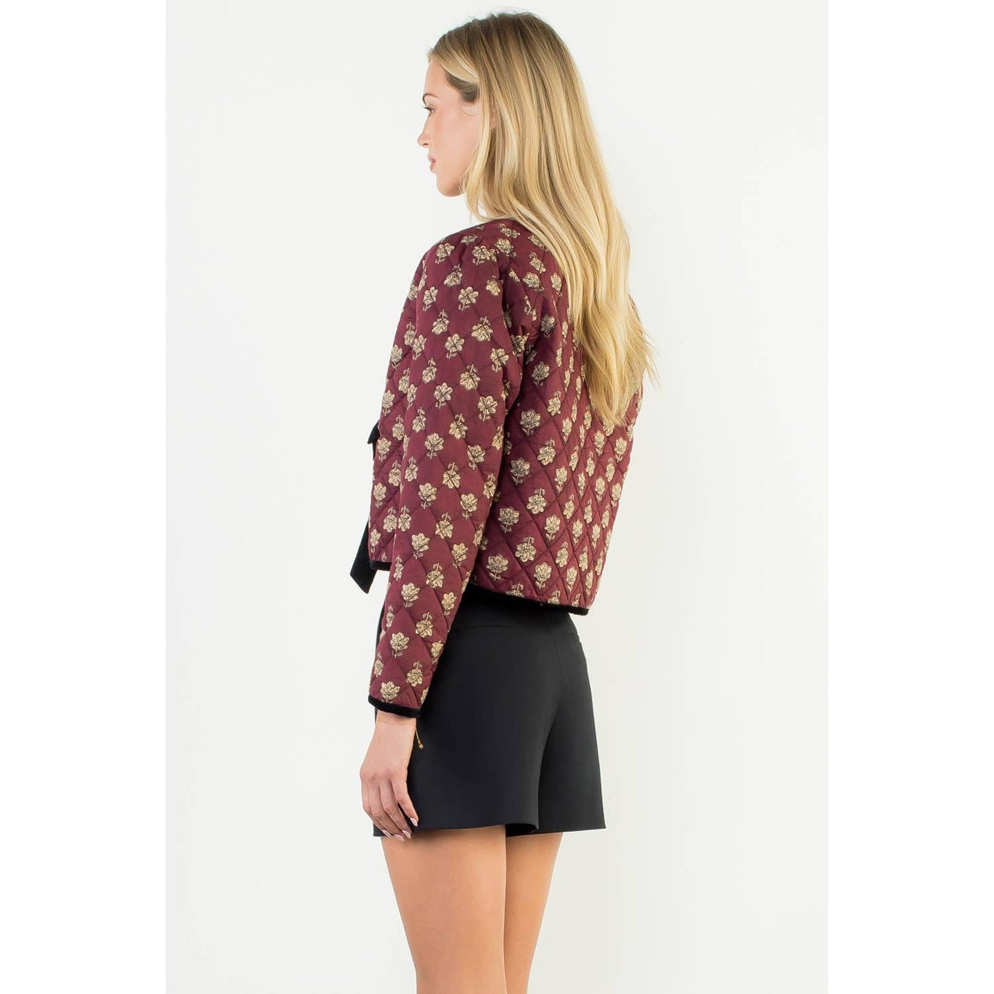 Velvet Bow Floral Quilted Jacket: MAROON