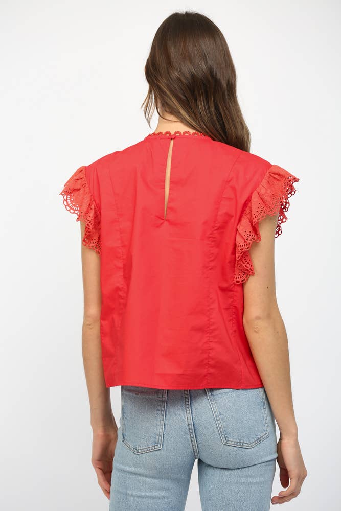 Red Embroidered Flutter Sleeve Top