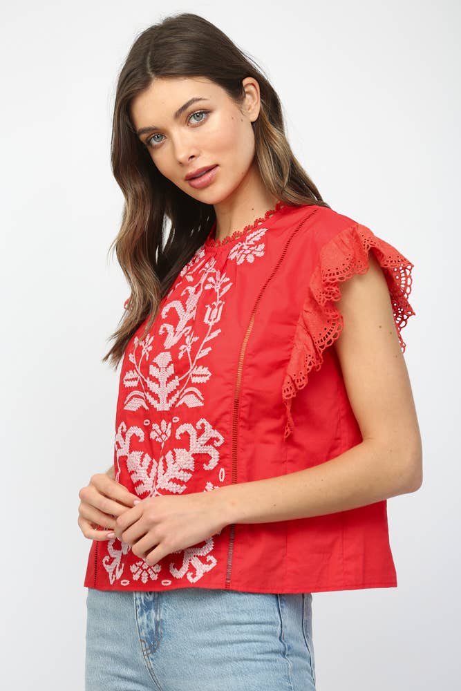 Red Embroidered Flutter Sleeve Top